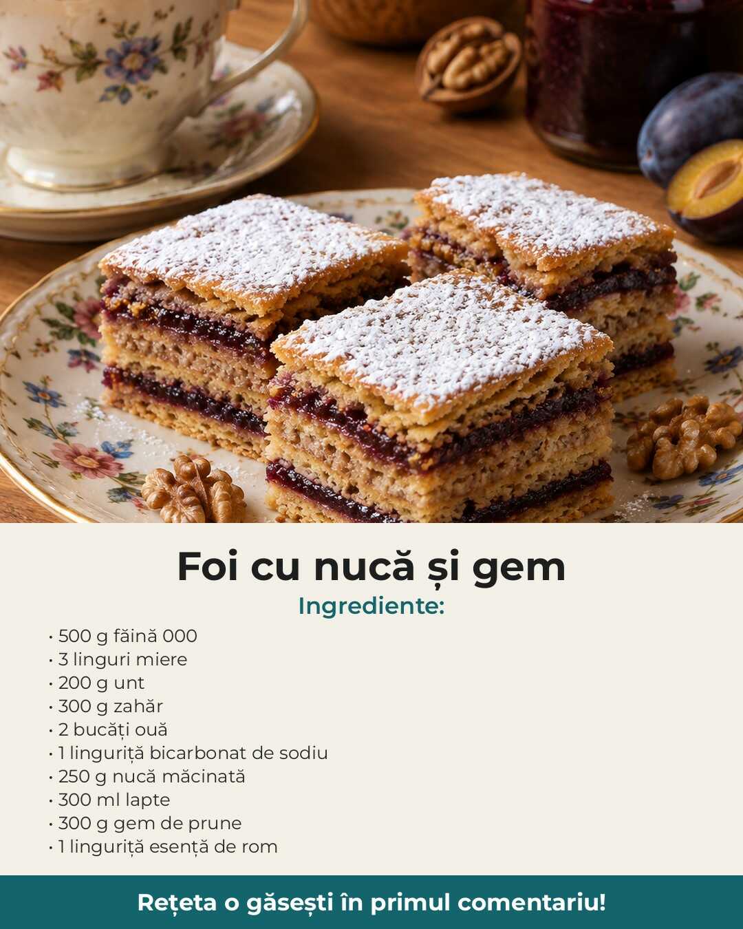Prăjitură cu foi cu miere, nucă și gem, ca la bunica de sărbători
