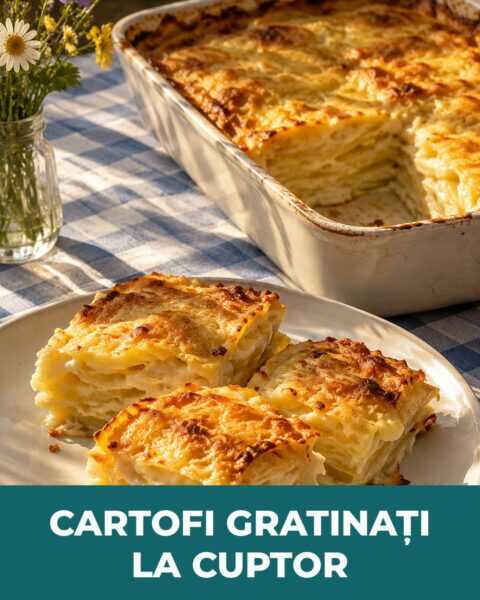Cartofi gratinați cu smântână și cașcaval, tava care ține de foame