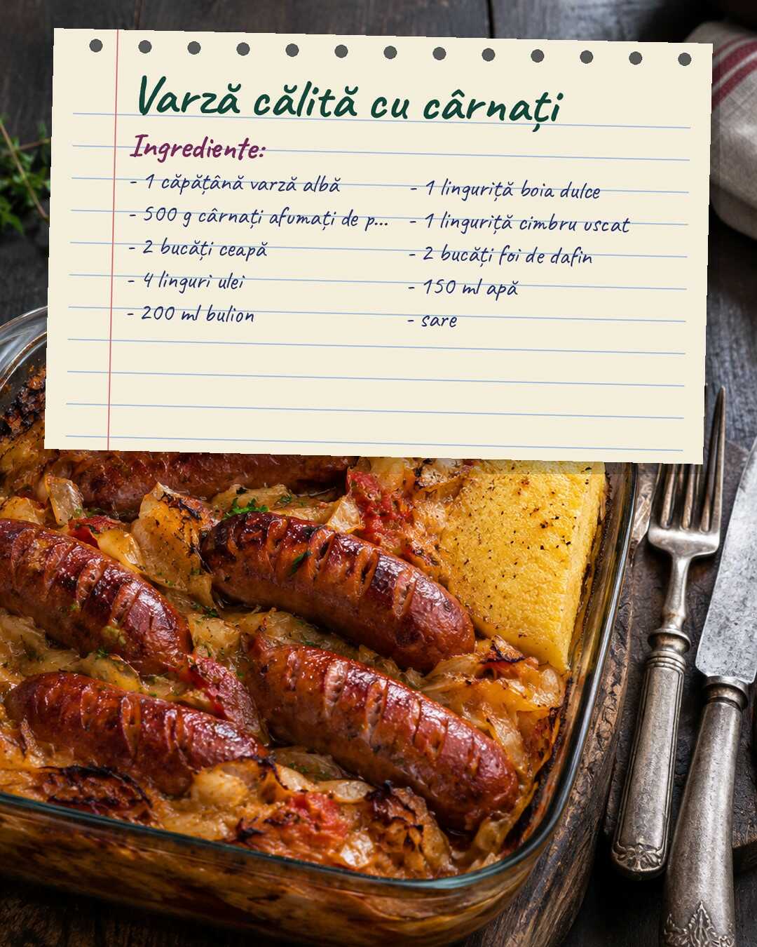 Varză călită cu cârnați la cuptor, cum o făcea mama toamna