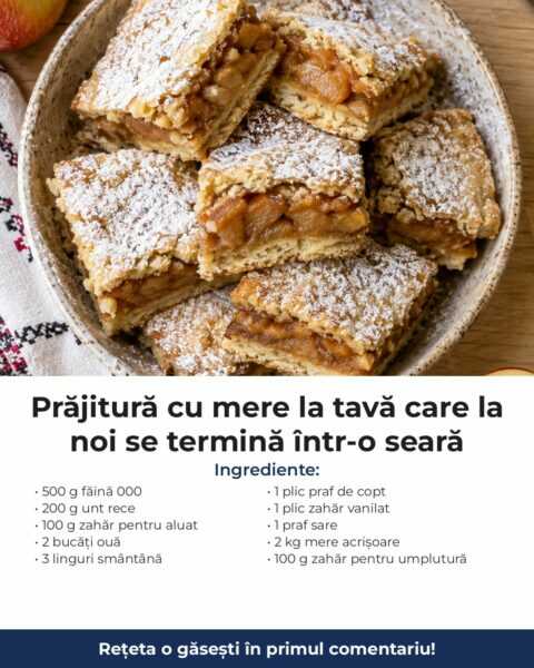 Prăjitură cu mere la tavă care la noi se termină într-o seară