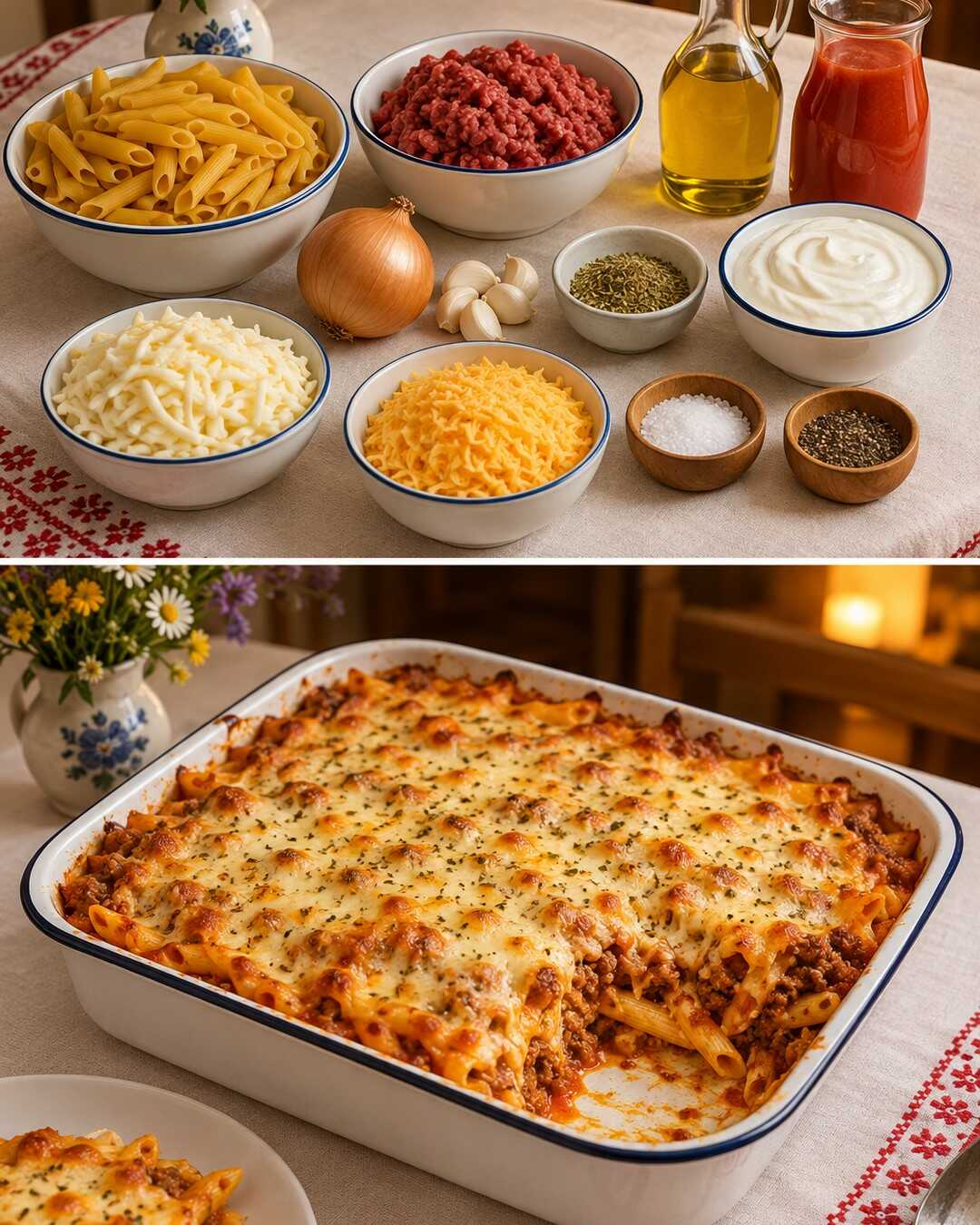 Paste cu carne tocată gratinate la cuptor, tava care dispare la noi