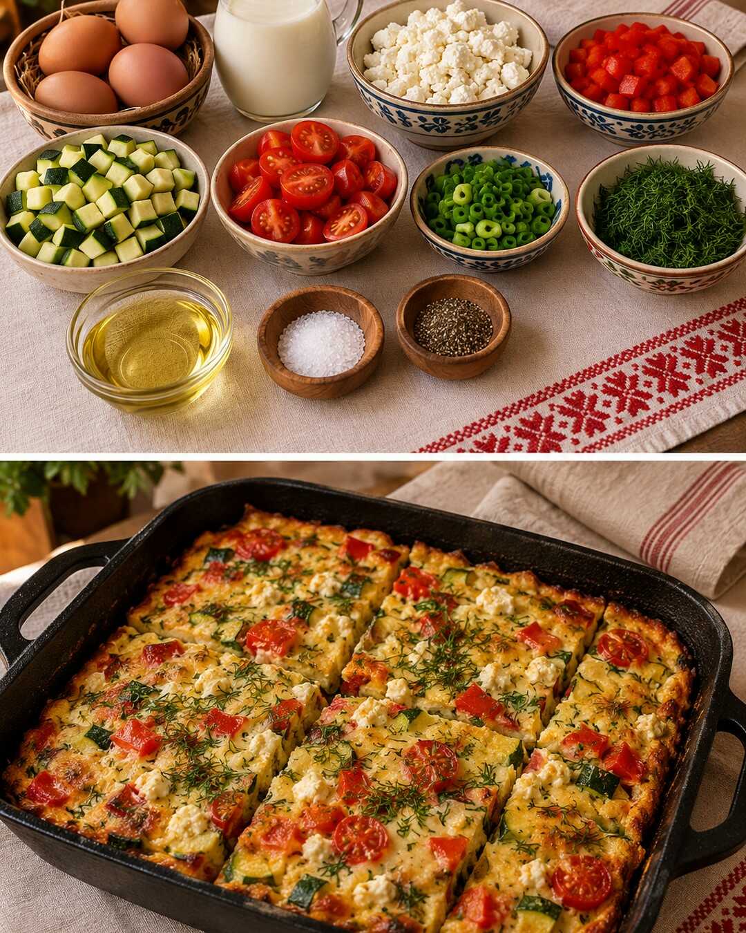 Omletă la cuptor cu legume și telemea, micul dejun care nu se lipește